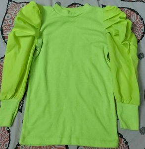 Neon Ribbed Top with Puffy Sleeves
