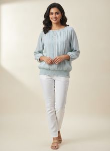 Light Blue Smocked Hem Blouse