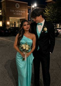 Elegant One Shoulder Teal Satin Gown