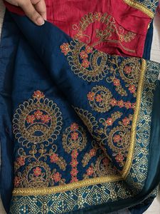 Embroidered Teal Saree with Pink Blouse