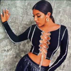 Black Lace-Up Ribbed Long Sleeve Top