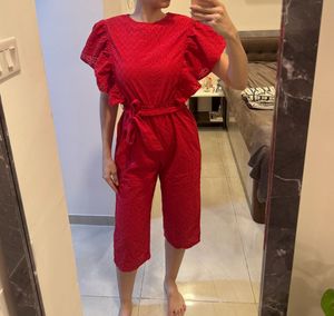 HWW Broderie Frill Shoulder Jumpsuit with belt