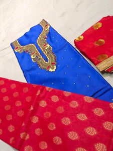 Blue Suit With Red Self Print Bottom