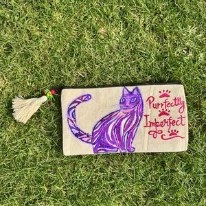 Handpainted Meow Cat pouch with parrot tassel