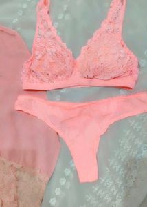 Sheer Pink Lace Robe &amp; Lingerie Set