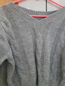 Grey Cable Knit V-Neck Off Shoulder  Sweater