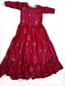 rani pink tiered sequin gown with gold rose embroi