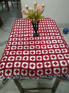 Handmade Crocheted Table Cover - Red &amp; White