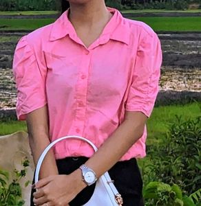 Cute Pink Fitted Korean Shirt
