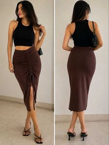 Brown Ruched Midi Skirt