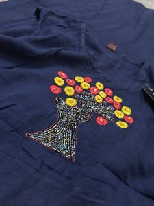 Women's Blue Kurta with Tree Embroidery