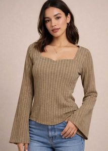Olive Green Ribbed Bell Sleeve Top(savanna)