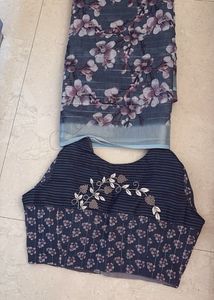 Navy collar floral Print Saree Blouse &amp; Fabric