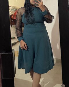 Elegant Teal Mesh Sleeve Dress