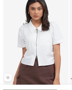 White Cropped Zip-Up Shirt