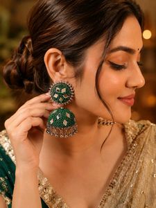 Stunning Green Mirror Big Jhumka Earrings