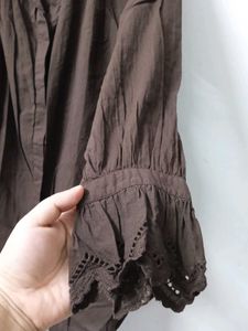 Elegant Brown Lace Trim Blouse