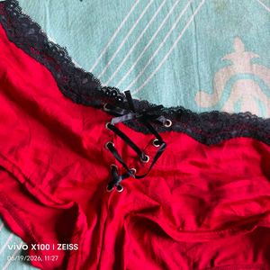 I. Red Lace Trim Briefs with Front Tie