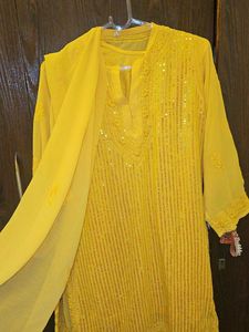 Yellow sequin sheer Kurta Set with Dupatta