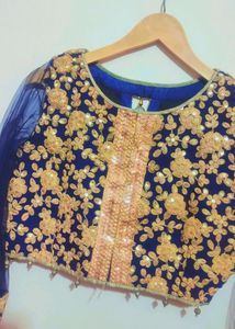 Navy Blue Top &amp; Golden Skirt Set Without Dupatta