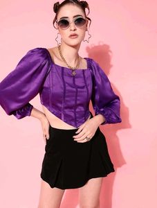 Purple Satin Corset Top with Puff Sleeves