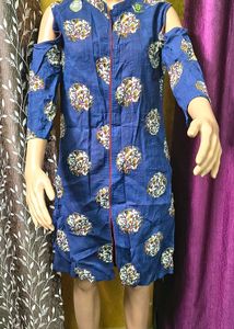 Blue Printed Cold Shoulder Kurta