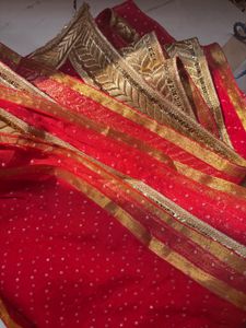 Stunning Red Georgette Saree with Golden Border &amp;