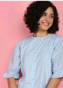 Chic Light Blue Checkered Button-Up Top