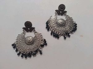 Oxidized Silver Jhumka Earrings with Black Beads