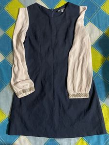 Chic Navy Dress with Sheer Sleeves