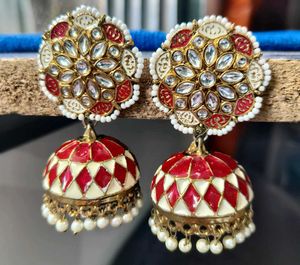 Stunning Red &amp; White Jhumka Earrings