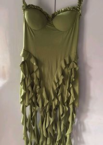 y2k pista Green Ruffle Dress