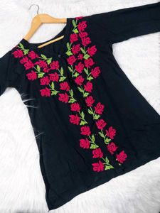 Embroidered Black Shirt with Pink Roses