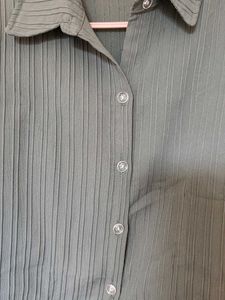 Ribbed Collared Button-Up Top