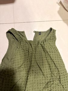 Olive Green Textured Sleeveless Dress