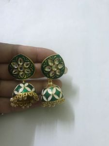 Green Kundan Jhumka Earrings