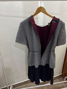 Navy Blue &amp; White houndstooth Pleat Dress