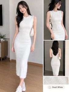 Sleek White Ribbed Knit Midi Dress