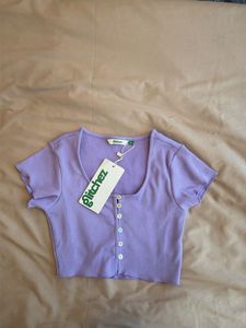 Lavender Ribbed Button-Up Crop Top