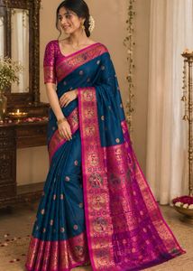 Elegant Teal & Pink Banarasi Silk Saree