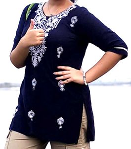 Embroidered Navy Blue Kurta