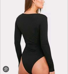 Black Ribbed V-Neck Bodysuit