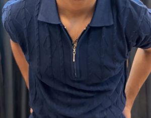 Men's Navy Blue Zip Polo T-Shirt