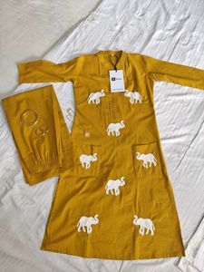Yellow Kurta with Elephant Embroidery and Pant Set