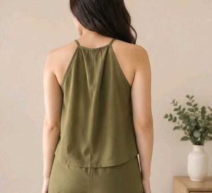 Light Olive Green Halter Neck Wide Leg Pants Set