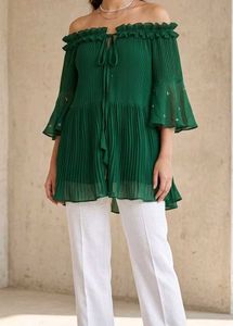 Emerald Green Off-Shoulder Pleated Tunic Top