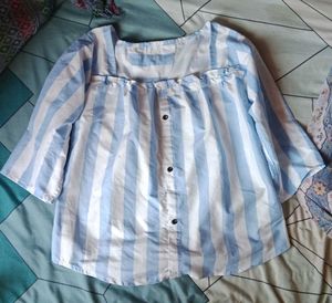 Blue & White Striped Button-Up Top