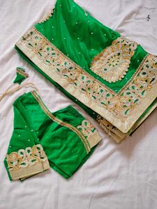 Green &amp; Gold Embroidered Saree