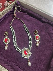 kundan Red Stone Necklace and Earrings Se
