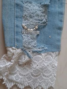 Distressed Jeans with Pearl &amp; Lace Detail